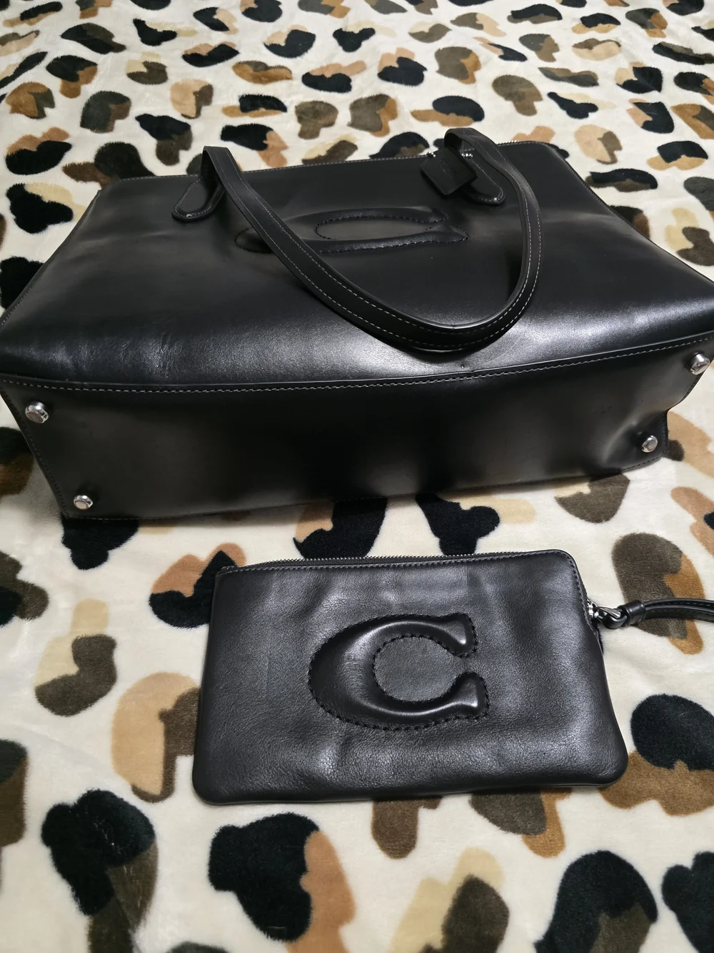 Black Embossed Logo Tote Bag With matching wallet.